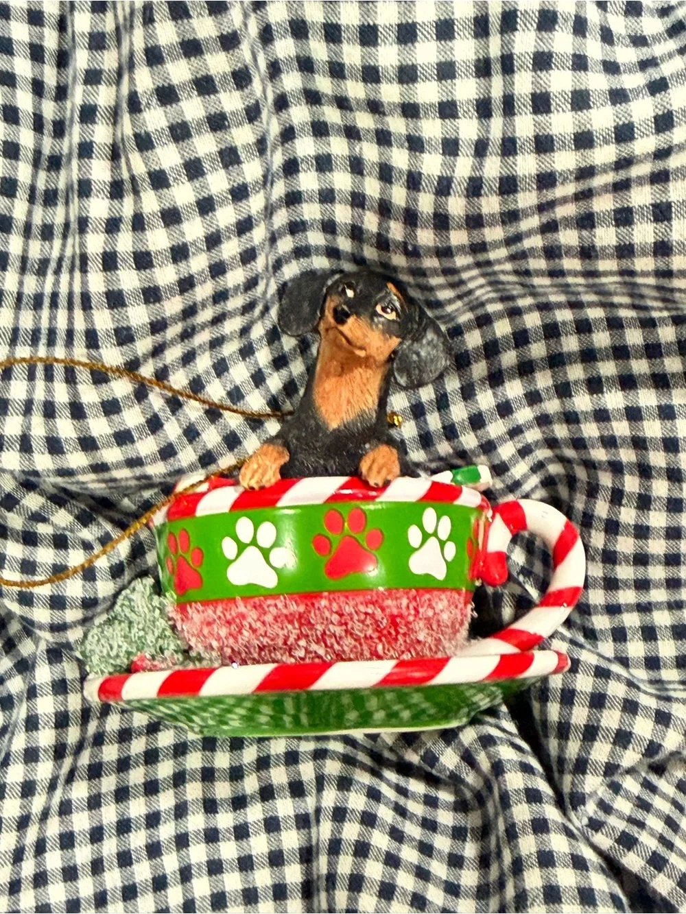 Danbury Mint Black and Brown Dachshund in Red, White and Green Teacup Ornament